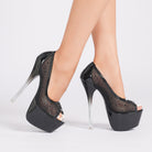Elegant langry waterproof platform high heels in black with sheer mesh uppers and transparent stiletto heels