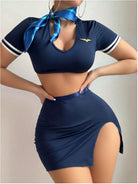 Navy blue stewardess lingerie crop top and skirt with gold emblem