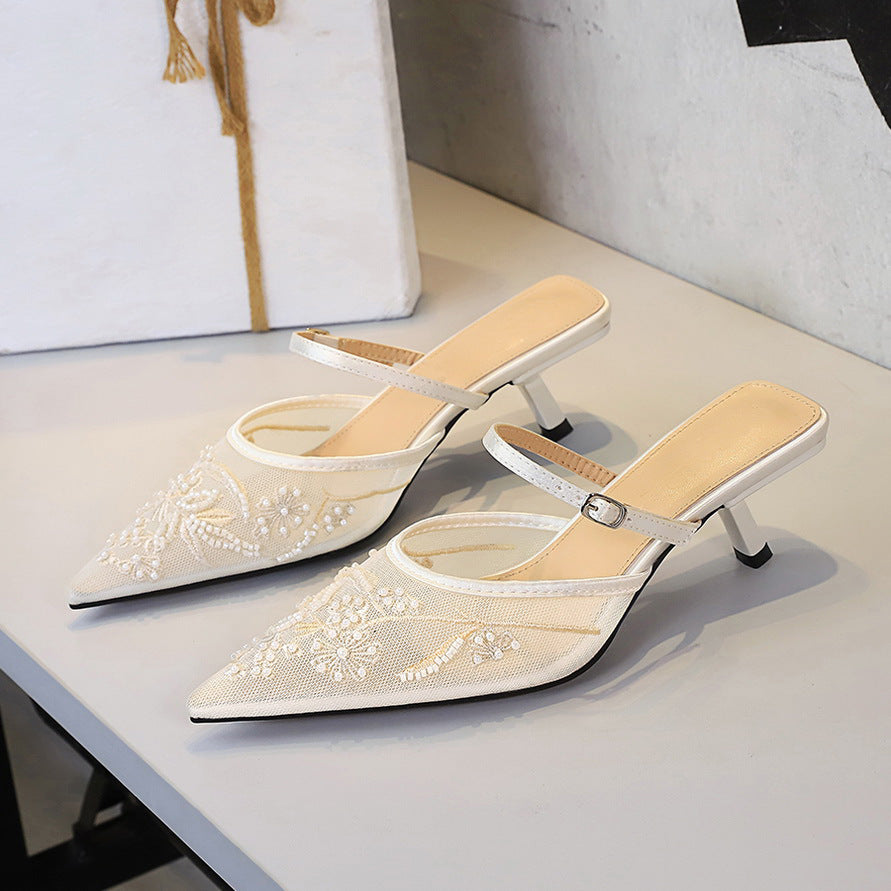 Langry fashion cream lace mule heels with silver strap and heel