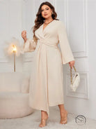Elegant waist controlled slim dress in cream V-neck midi style