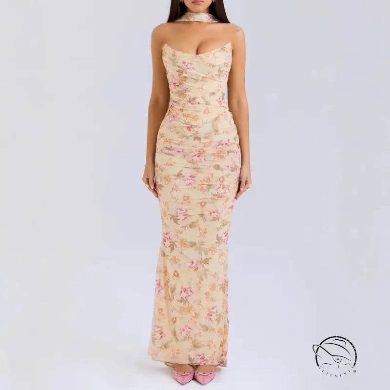 High grade skinny sheath skirt set with floral-patterned maxi dress