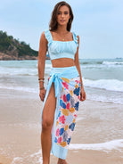 Light blue crop top and floral sarong beachwear set with ruched details, fashion ملابس