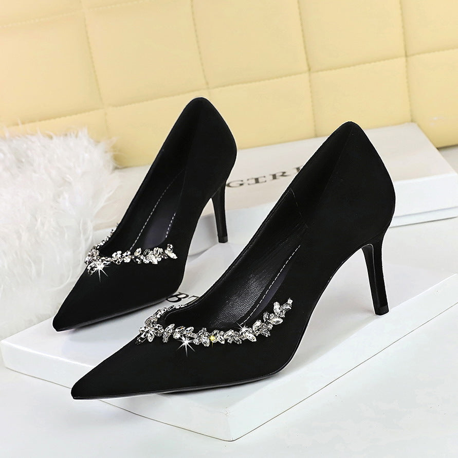 Langry fashion rhinestone cocktail stiletto heel in black satin with pointed toes