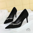 Elegant Rhinestone Cocktail Stiletto Heel in black satin with pointed toes and rhinestones for langry fashion