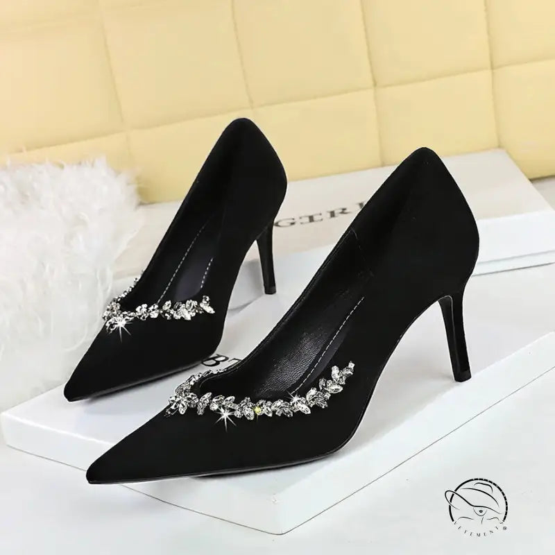 Elegant Rhinestone Cocktail Stiletto Heel in black satin with pointed toes and rhinestones for langry fashion