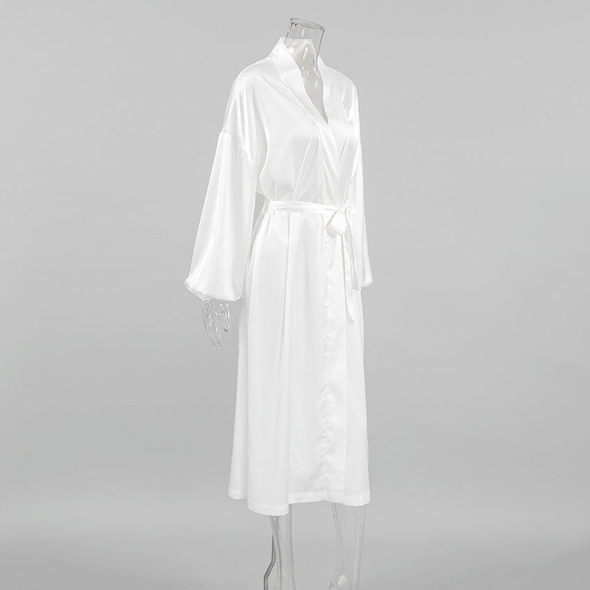 White langry cotton bathrobe with satin tie waist for fashion homewear