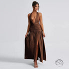 Elegant langry brown halter maxi dress with thigh-high slit