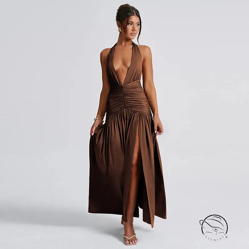 Elegant langry brown halter maxi dress with thigh-high slit