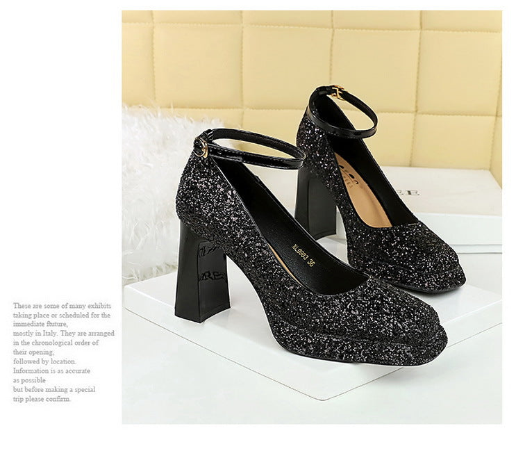 Waterproof Low Cut Square Toe Sequ Ankle Strap Shoes