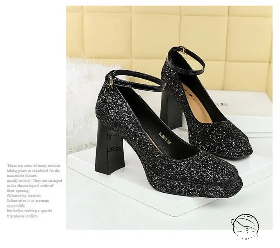 Waterproof Low Cut Square Toe Sequ Ankle Strap Shoes