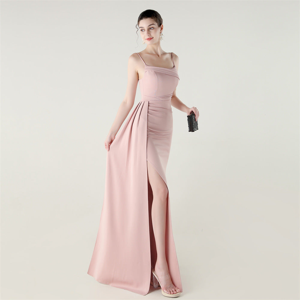 Elegant blush pink satin langry fashion gown with high slit