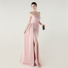 Elegant blush pink satin langry fashion gown with high slit
