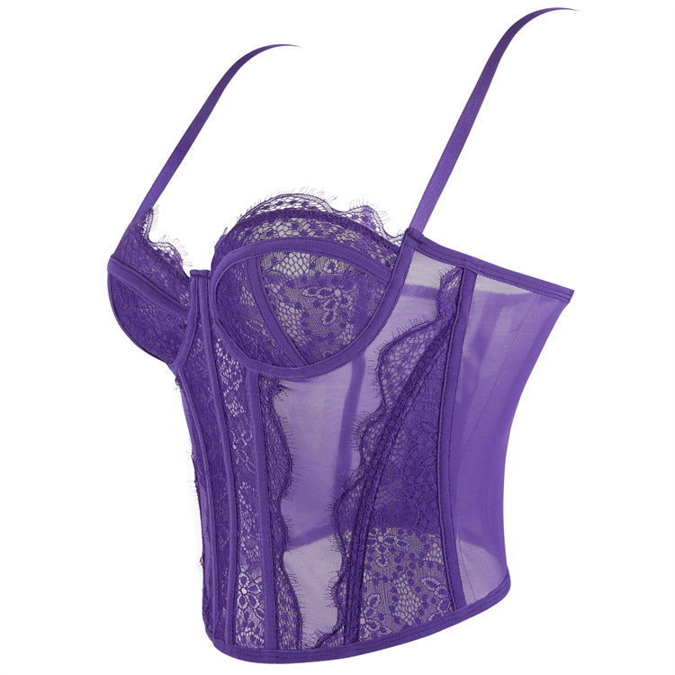 Purple lace lingerie set with sheer mesh floral patterns in Camisole Outerwear Top Bra fashion