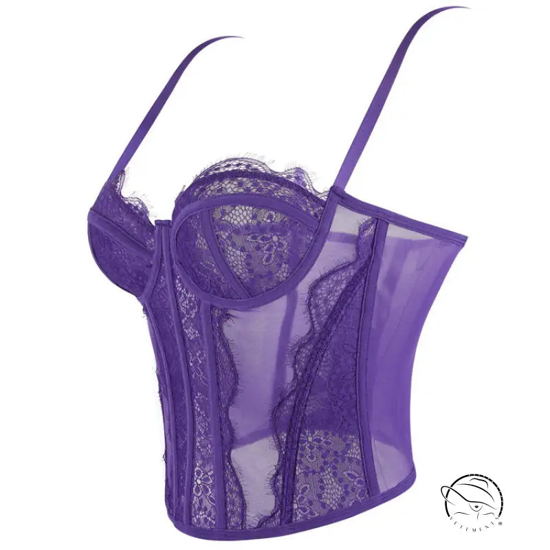 Purple lace lingerie set in camisole outerwear top bra with sheer mesh and floral patterns