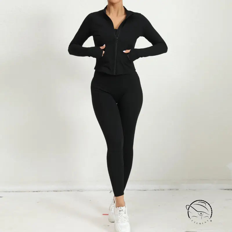 Black three-piece yoga clothes suit with hoodie, leggings, sneakers