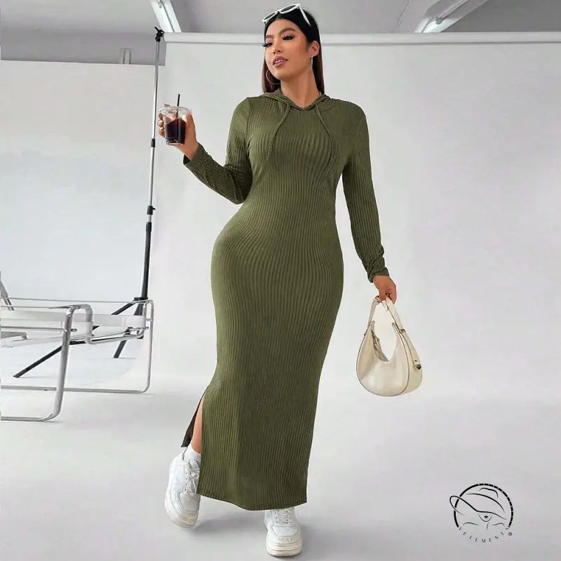 Olive green ribbed hooded winter sheath maxi dress