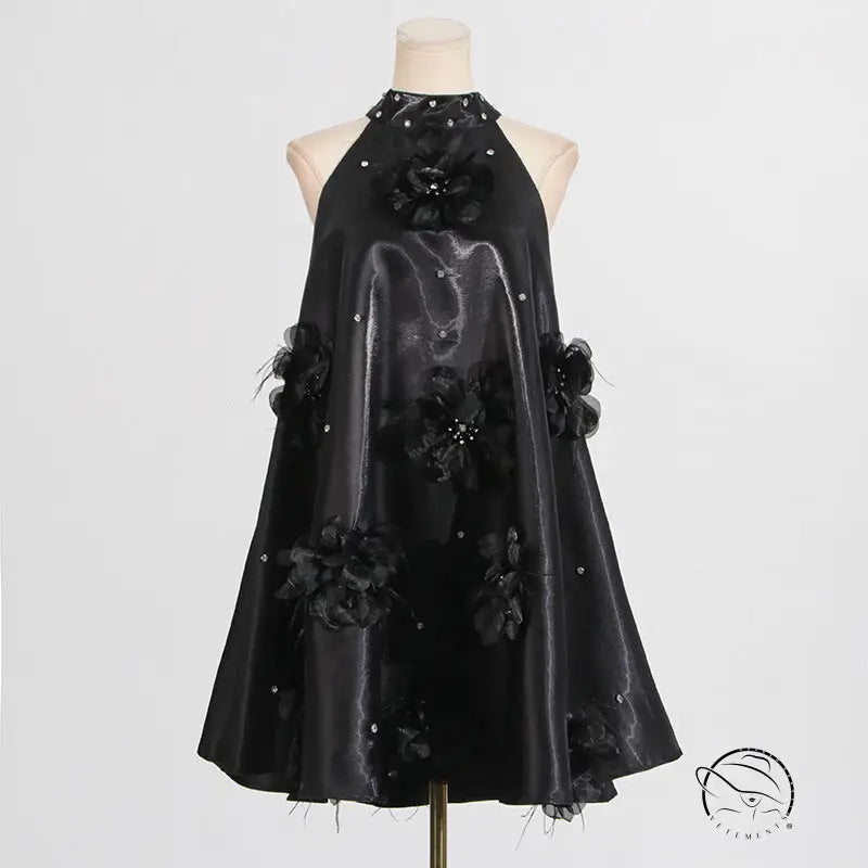 Stunning black A-line short dress with floral embellishments