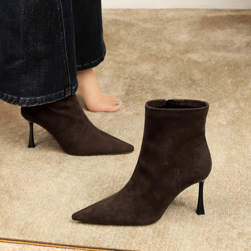 Elegant langry dark brown suede ankle fashion boots with pointed toe and high heel