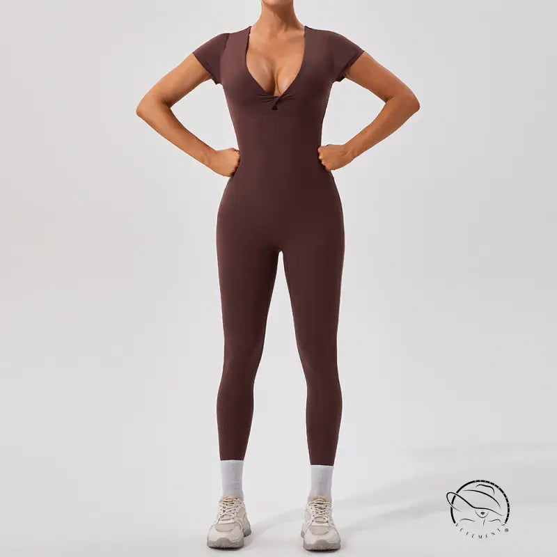 Langry fashion yoga fitness one-piece bodysuit in chocolate brown
