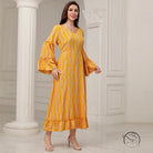 Elegant casual bell sleeve dress in vibrant yellow with pink paisley, langry fashion ملابس