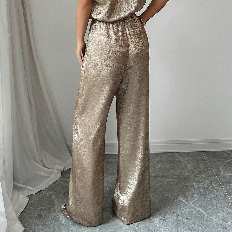 Langry golden high waist wide-leg pants in shimmering fashion ملابس