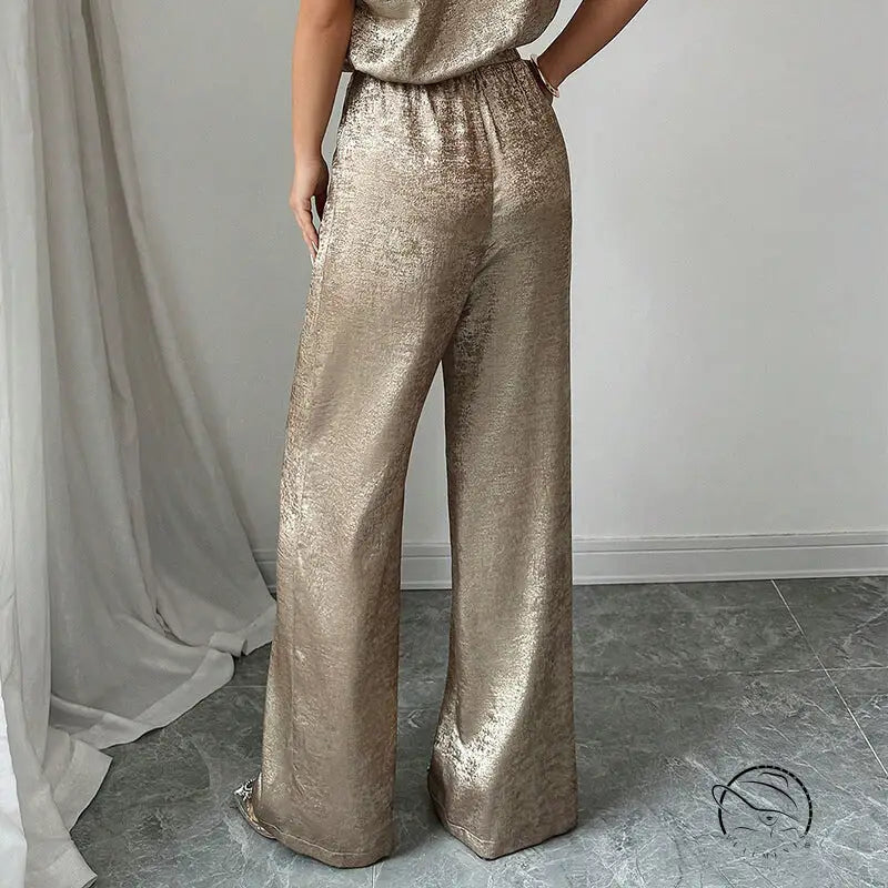 High waist golden jumpsuit with langry fashion shimmering pants