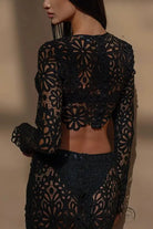 Slim fit hollow lace tops skirt two-piece set in black floral design