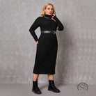 Elegant winter mid length black turtleneck dress with belt