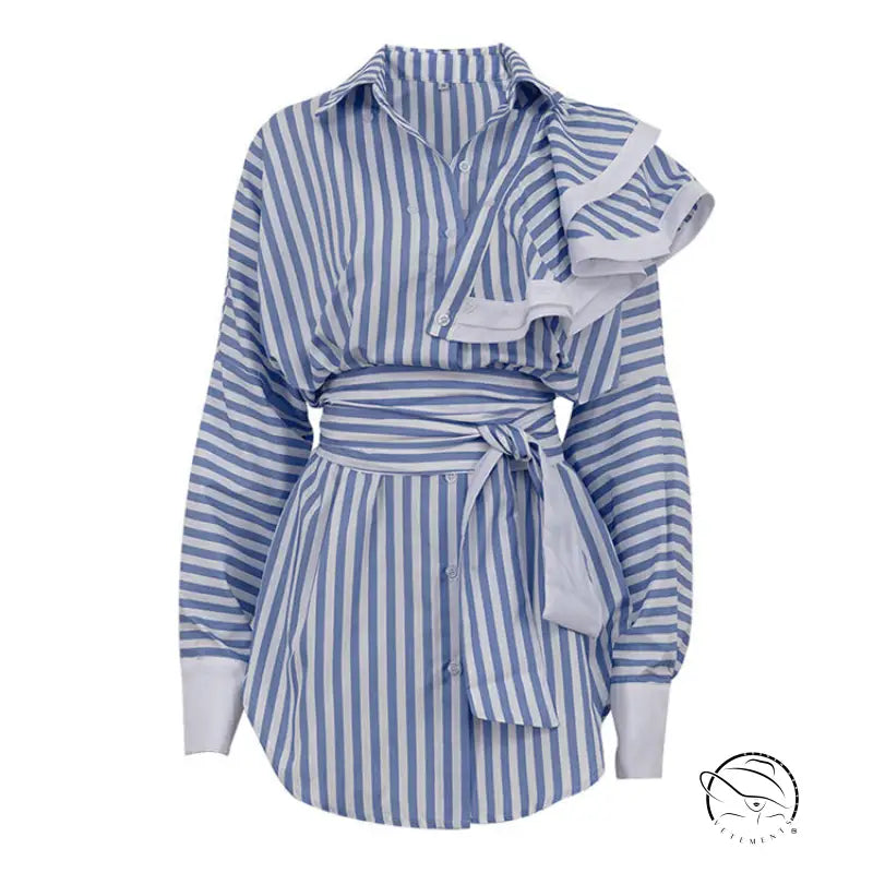 Elegant cardigan shirt dress in blue and white striped ruffle design