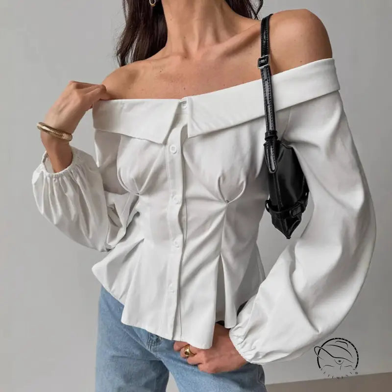 Elegant French off shoulder shirt with white billowy sleeves