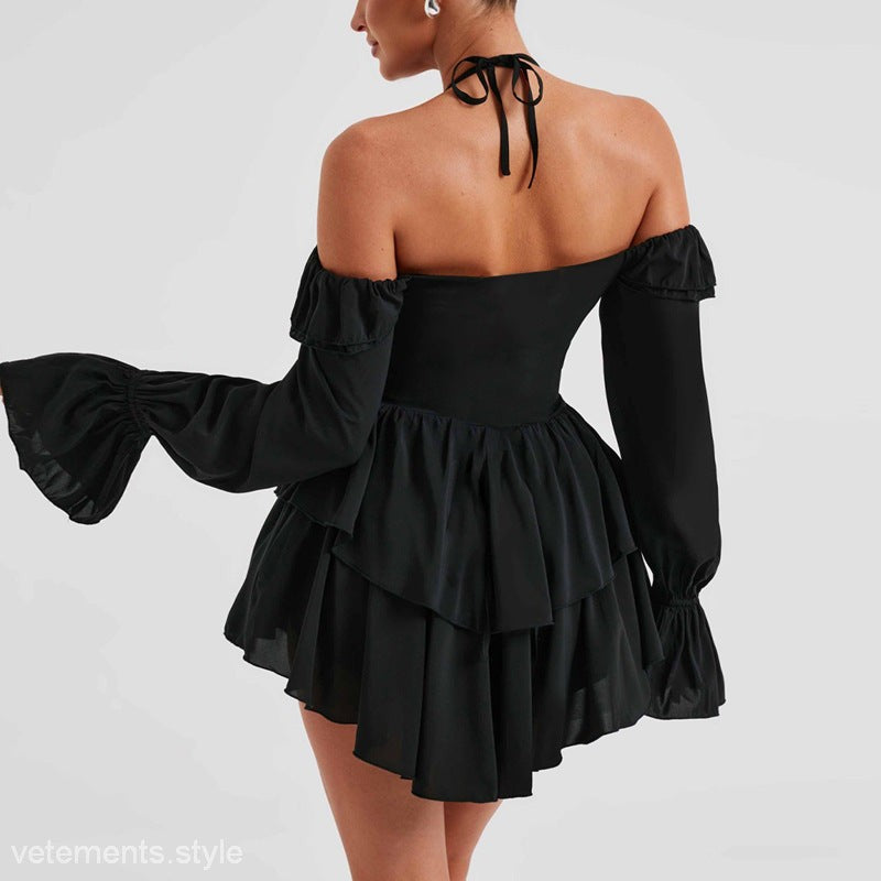 Black sexy halter low cut ruffled dress displayed on HALTER LOW CUT RUFFLED DRESS product