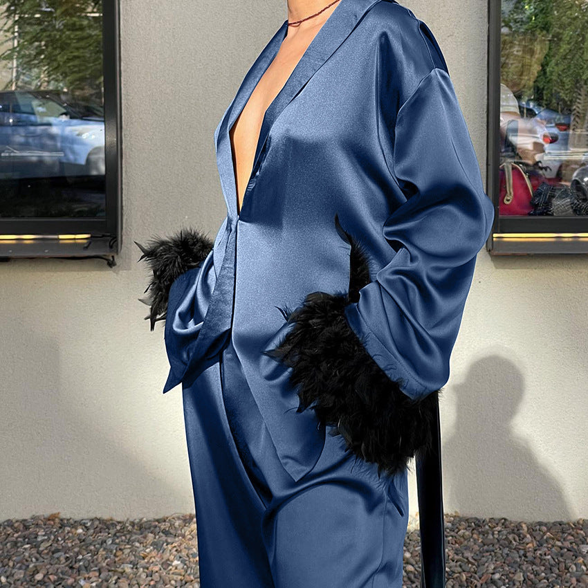 Langry fashion blue satin robe with black feather trim in Winter Feather Trousers Set Pajamas