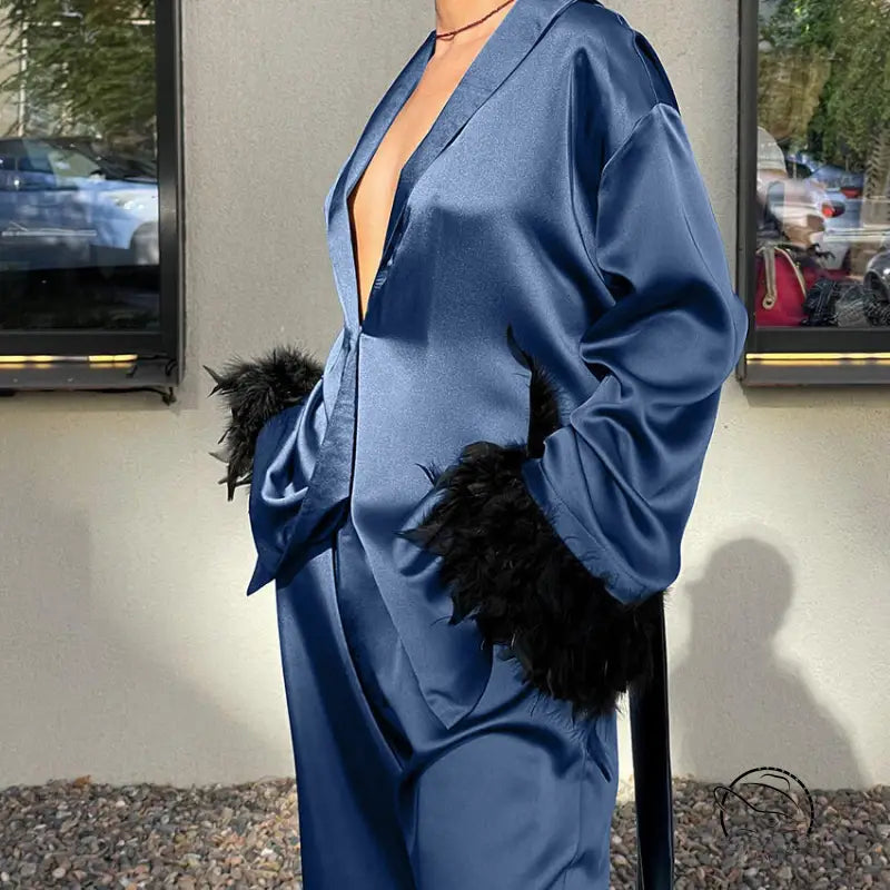 Langry blue satin robe with black feather trim in Winter Feather Trousers Set pajamas