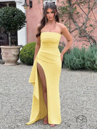 Langry fashion strapless yellow gown with thigh-high slit dress