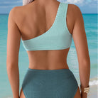One-shoulder mint and teal textured bikini swimsuit from Stunning Hollow Out Bikini fashion
