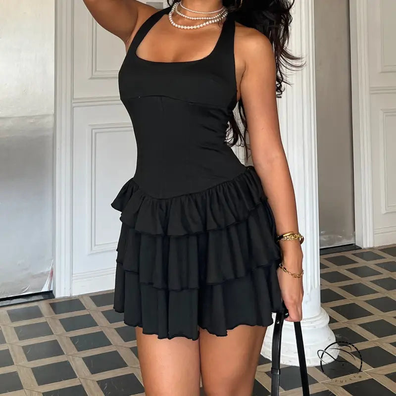 Black tiered ruffle mini dress in Langry fashion ملابس