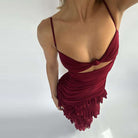 Burgundy ruched dress with ruffled hem and cutout detail for elegant fashion ملابس