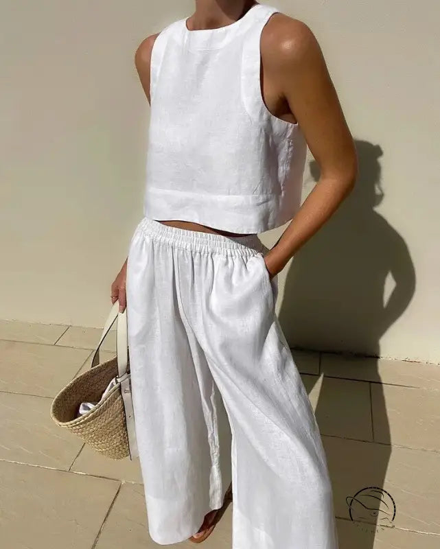 White linen casual loose sleeveless shirt two piece set