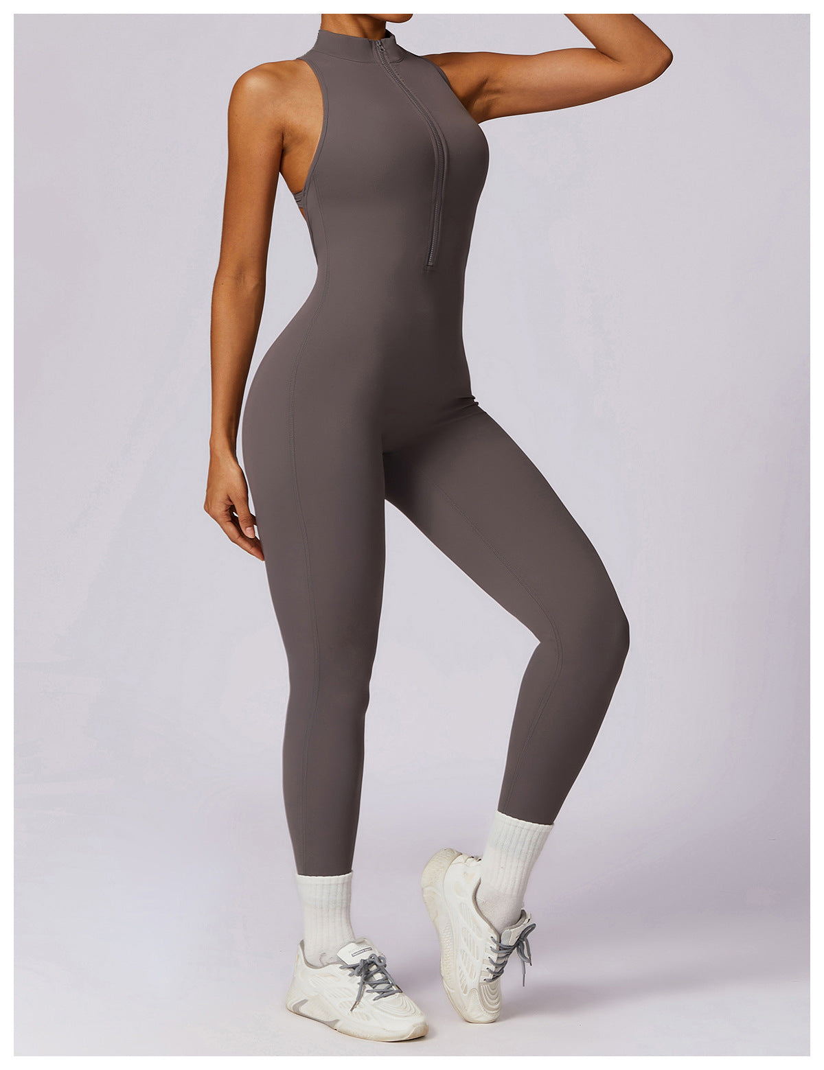 Sleek gray langry Beauty Back Yoga Jumpsuit in form-fitting fashion ملابس