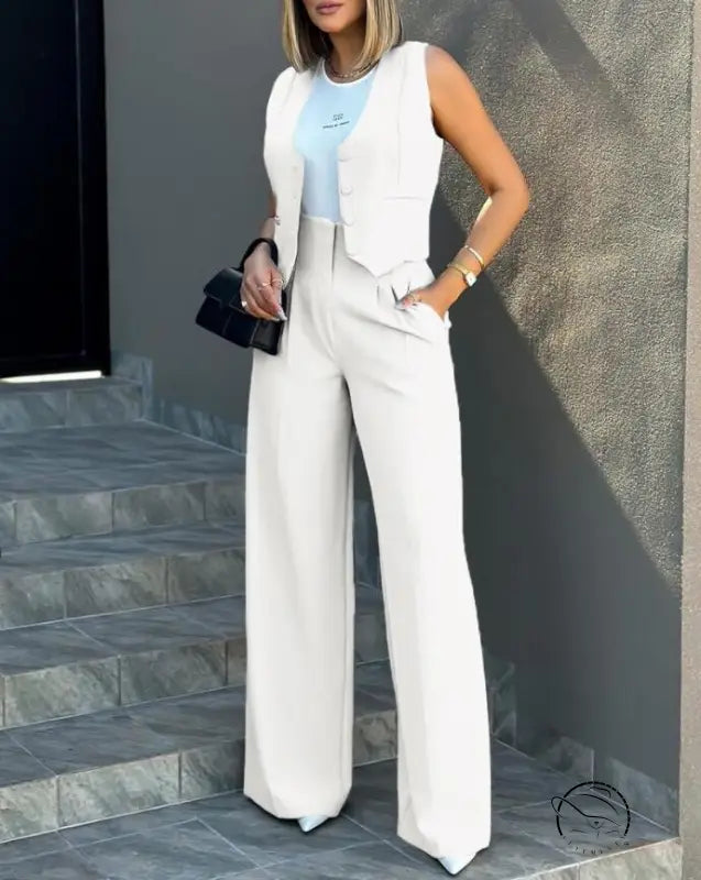 Elegant vest jacket wide leg pants set for women