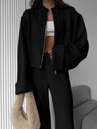 Black ribbed knit bomber jacket in Langry fashion ملابس