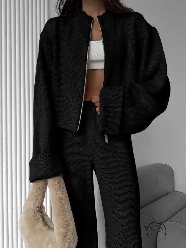 Black ribbed knit bomber jacket in enchanting langry fashion ملابس