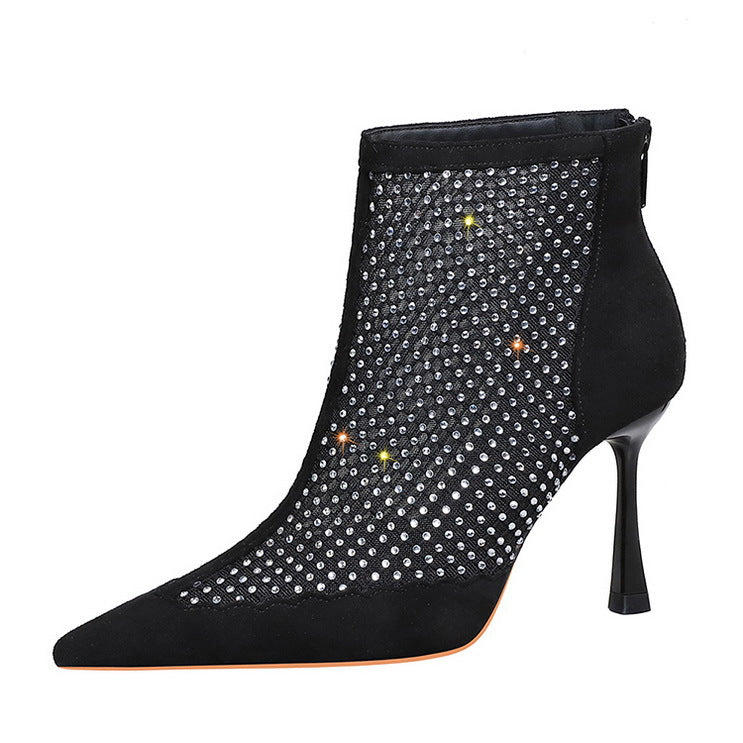 Langry fashion black suede-like rhinestone stiletto ankle boots