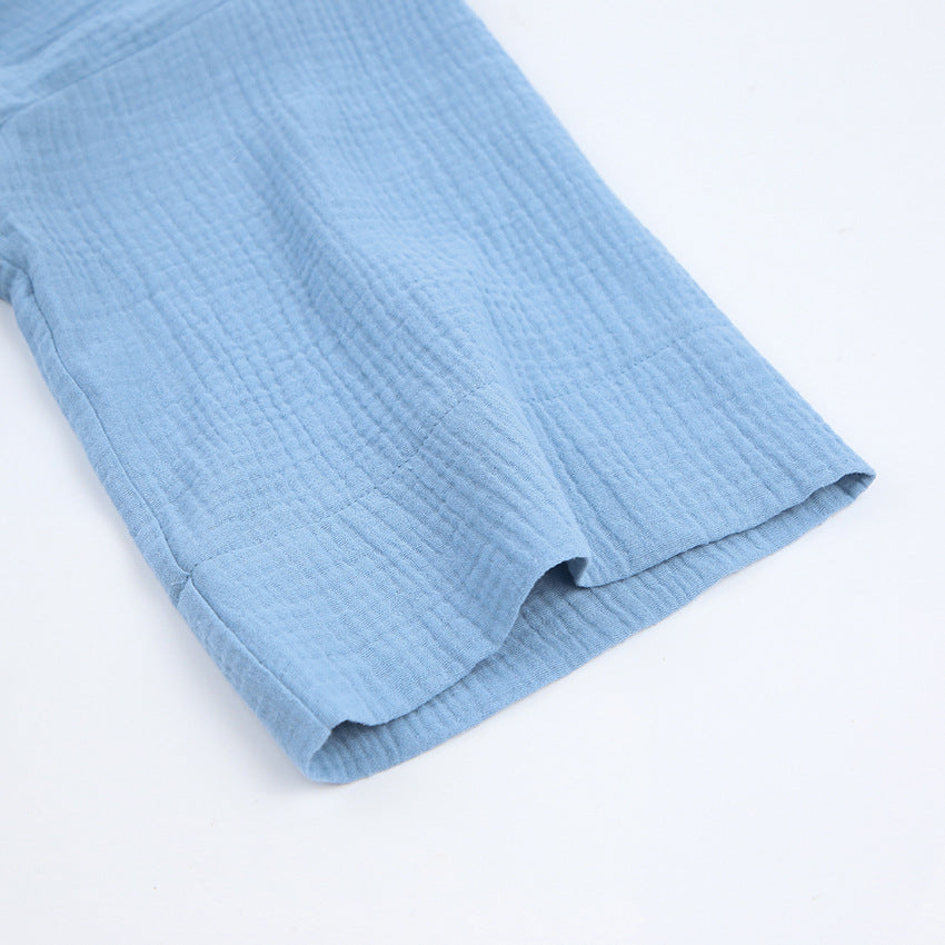 Light blue pure cotton casual nightgown with crinkle-textured fabric hem detail