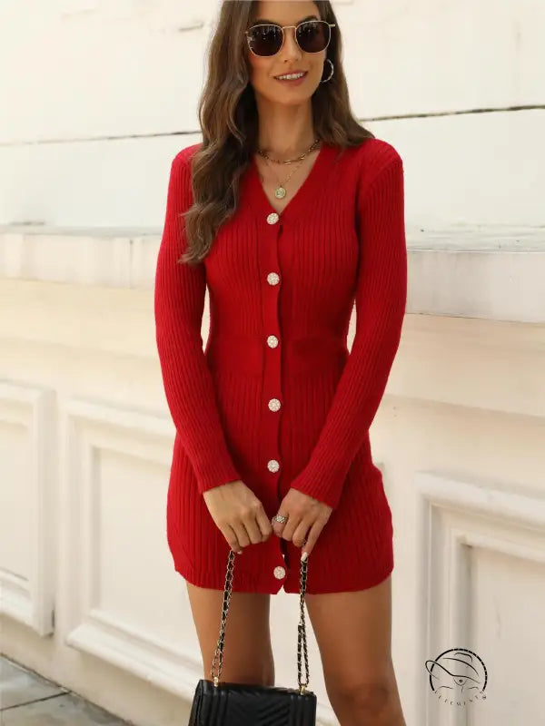 Red ribbed knit button-down dress from Langry fashion ملابس