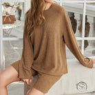 Brown long-sleeve langry fashion top and biker shorts set for women