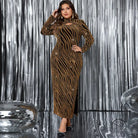 Halter design split dress with long-sleeved patterned embellishments