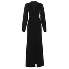 Autumn French high-waist langry fashion dress with black high-neck, long sleeves, side slit, and buttons
