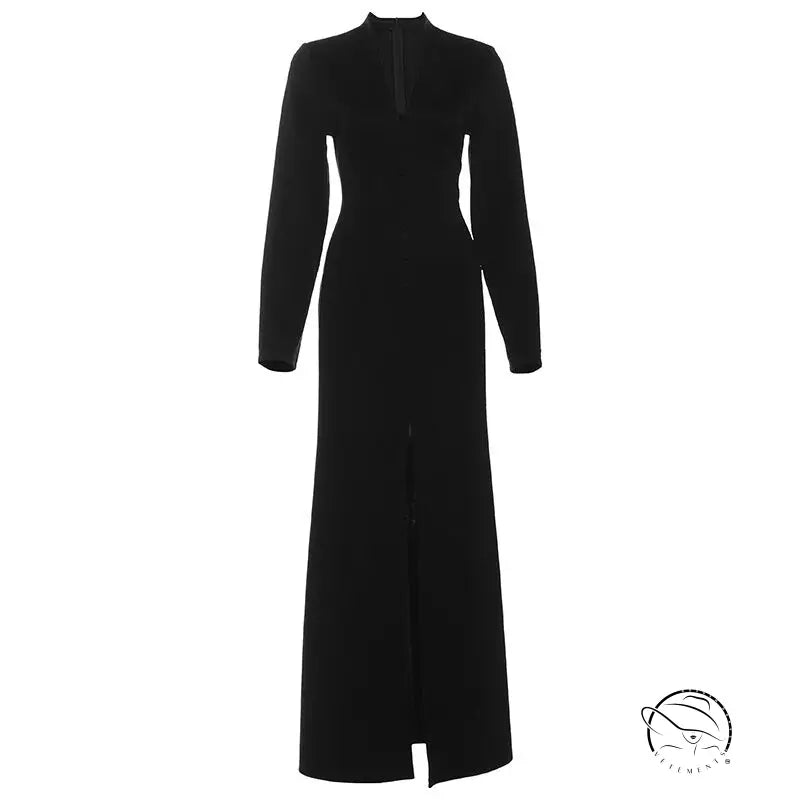 Autumn French high waist slim slit black langry fashion dress
