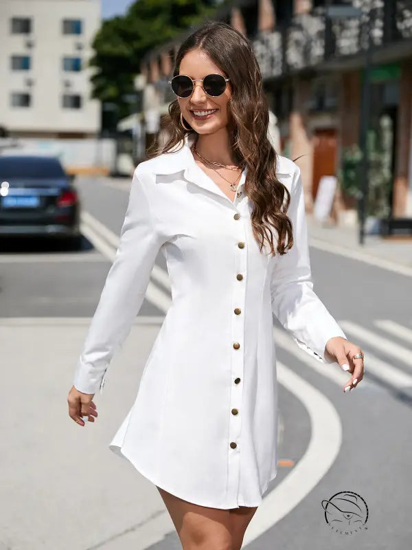 Beautiful short long sleeve white button-down shirt dress